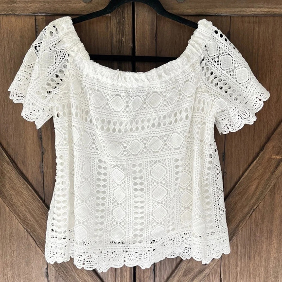 EUC Sunday In Brooklyn Anthropologie Off the Shoulder White Lace Blouse Size M - Picture 6 of 9